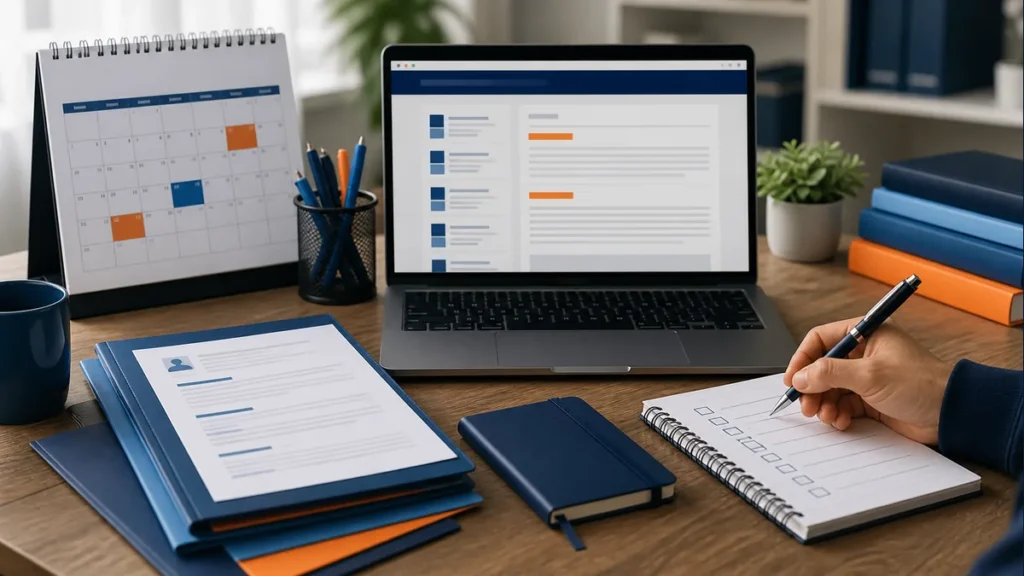 Calendário e notebook para acompanhar concursos organizados pela Fundatec