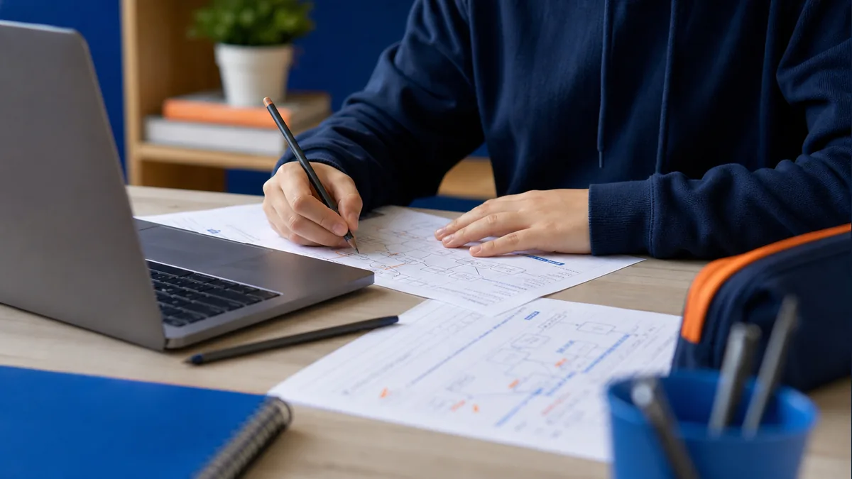 Pessoa resolvendo exercícios de Informática ao lado de um notebook