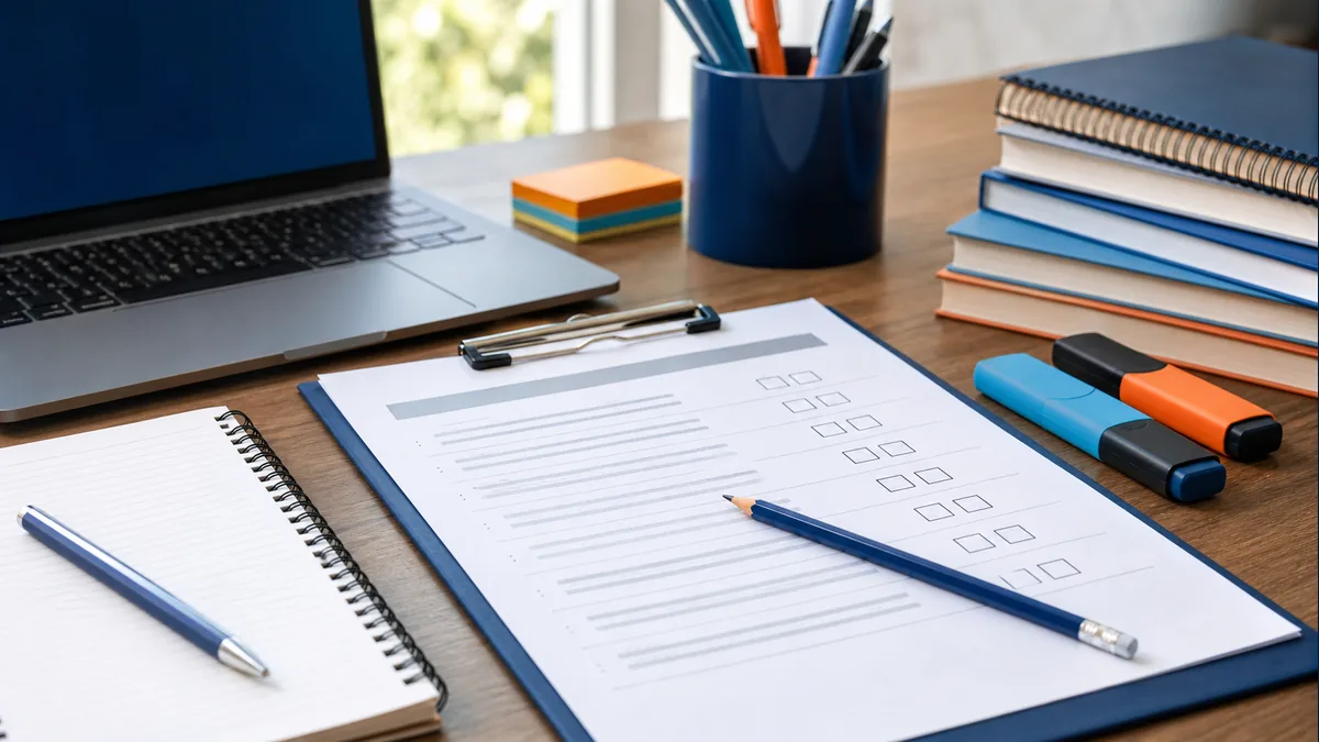 Mesa com prova de certo ou errado e notebook para estudo do CEBRASPE