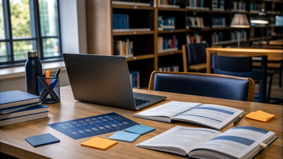 Mesa de biblioteca preparada para estudo de Informática da VUNESP