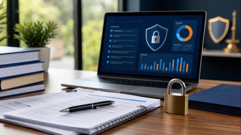 Notebook com painel de privacidade e cadeado para estudo de LGPD