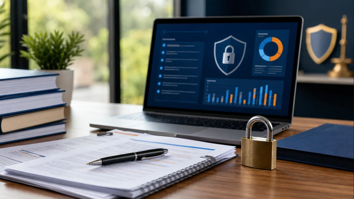 Notebook com painel de privacidade e cadeado para estudo de LGPD