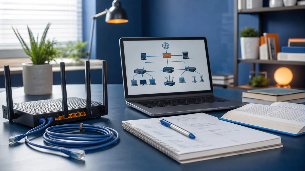 Roteador, cabos e notebook para estudo de redes de computadores