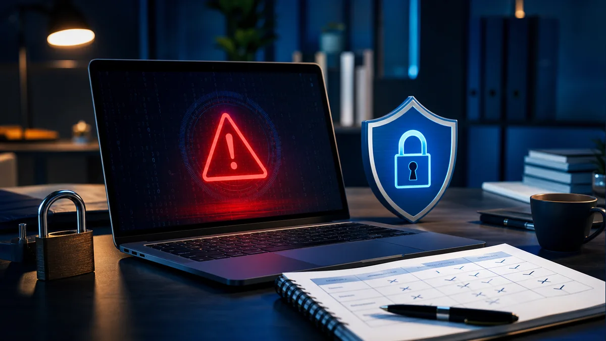 Notebook com alerta de malware e escudo de proteção digital