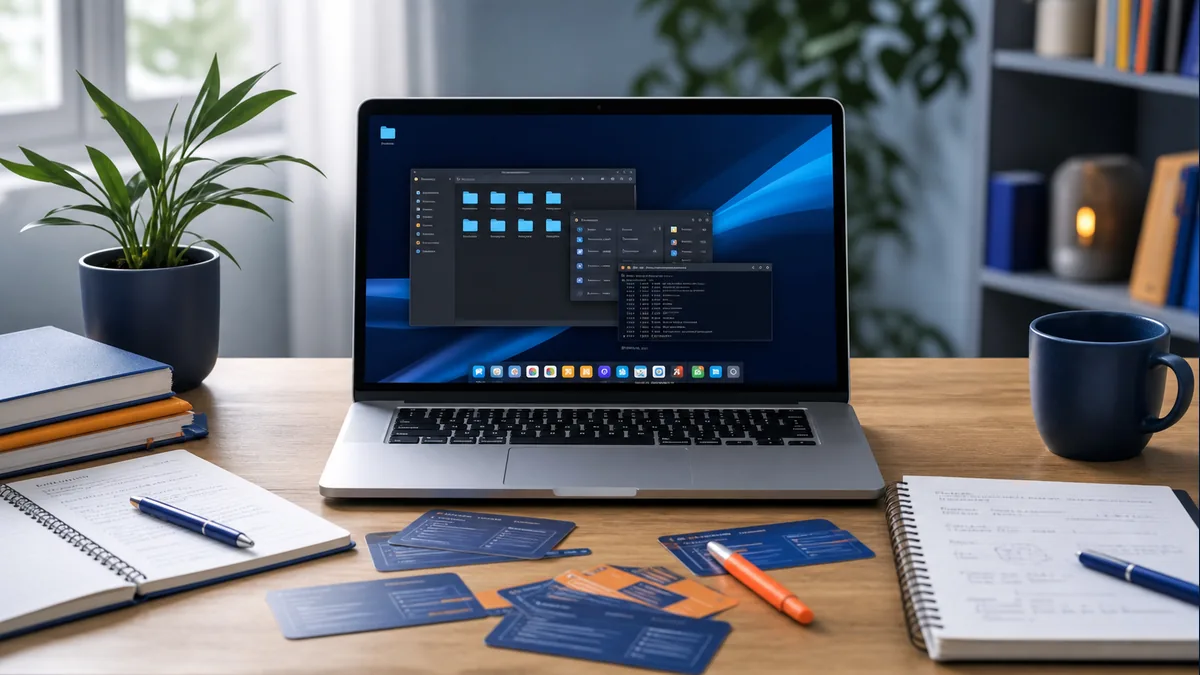 Notebook com área de trabalho para estudo de Windows na Fundatec